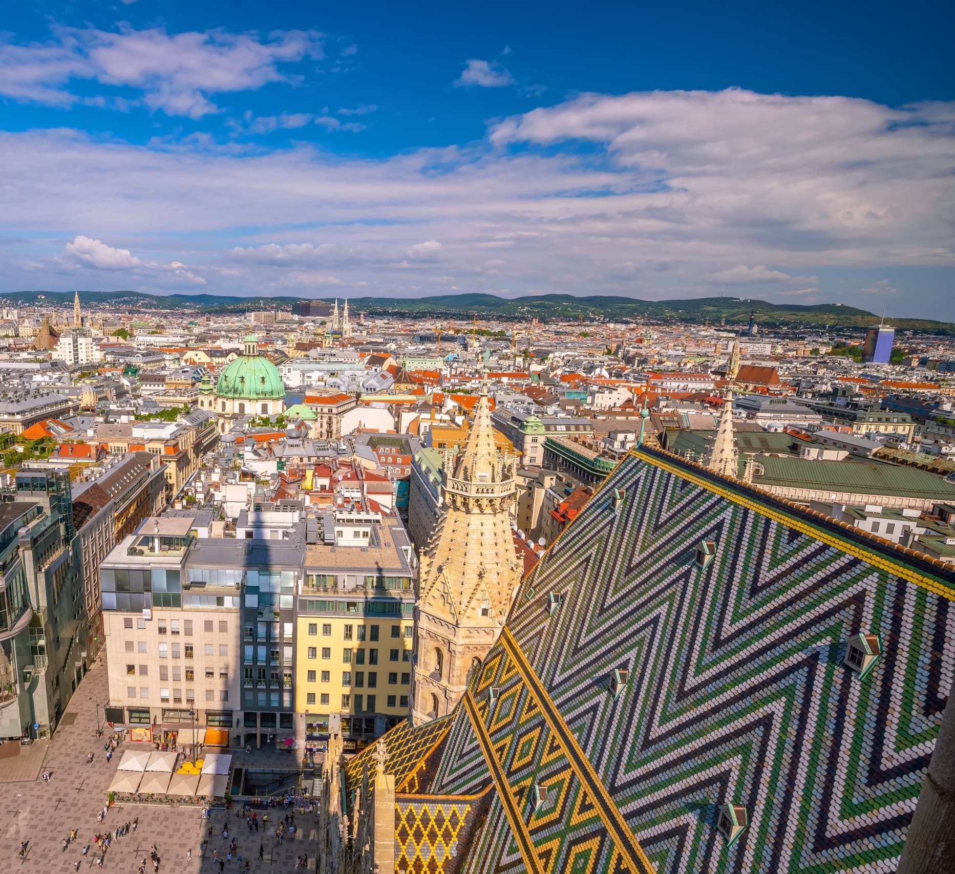 Main square with St. Stephans cathedral in Vienna from a bird-eye perspective.